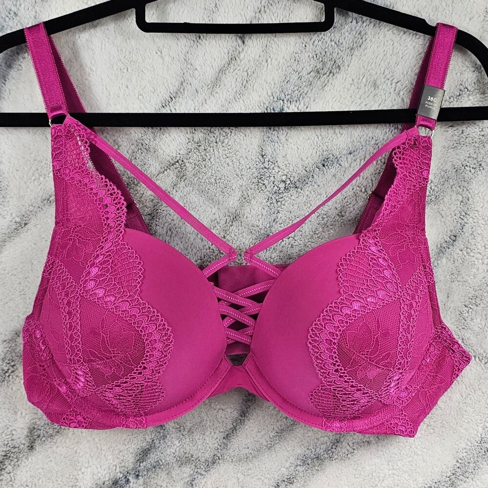 Torrid 38C Hot Pink Fuchsia Red XO Plunge Push Up Bra Strappy Lace Bondage Sexy